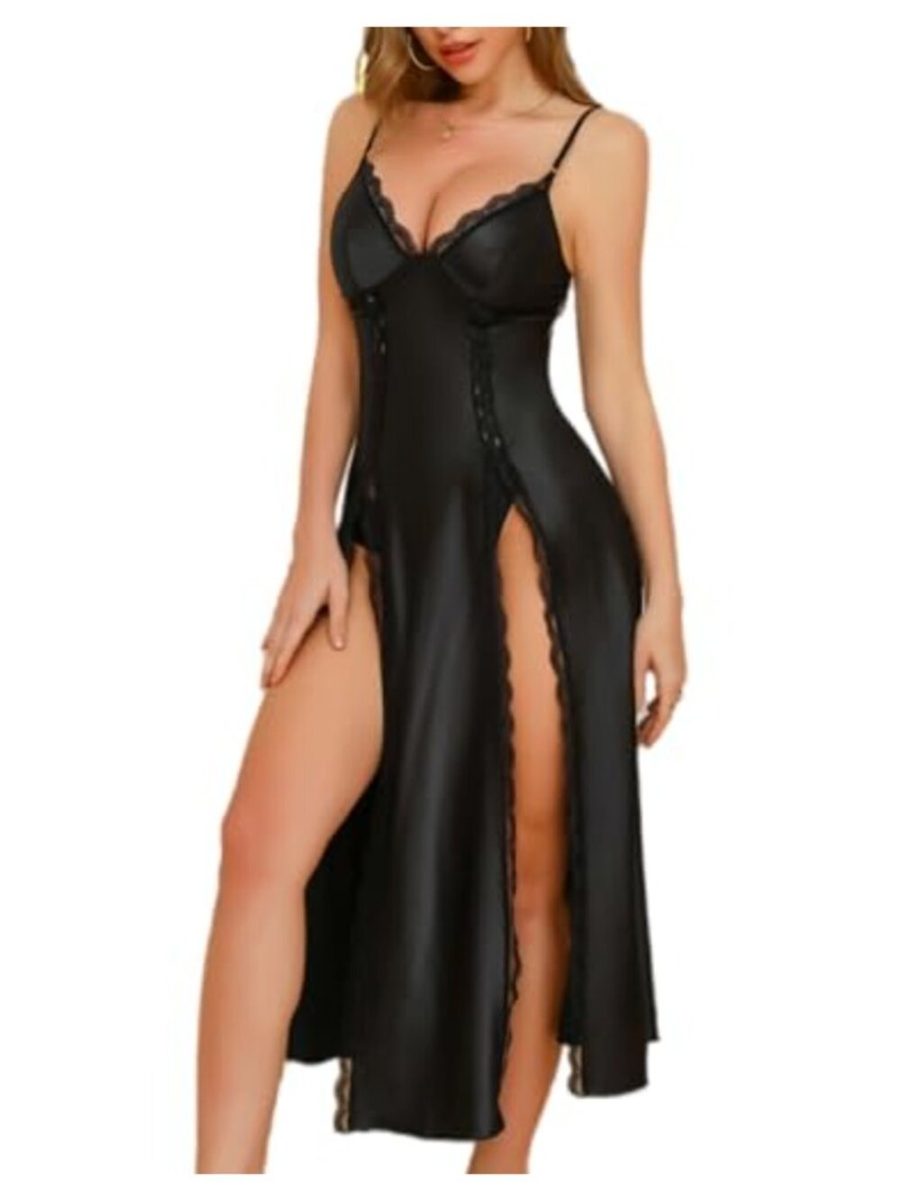 CRIPOM Silk Lingerie Dress Long Nightgown 2 Piece Floral Lace Chemise